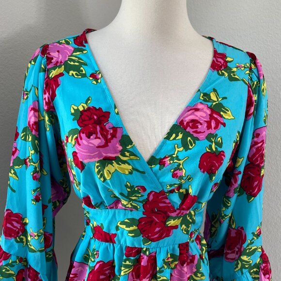 Betsey Johnson Womens Small Floral Blouse Bell Sleeves V Neck Waist Tie Top - Picture 2 of 9